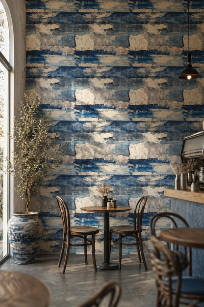 Coastal Abstract Wallpaper Pattern Blue White Textured Brush Modern Beach Style Decor