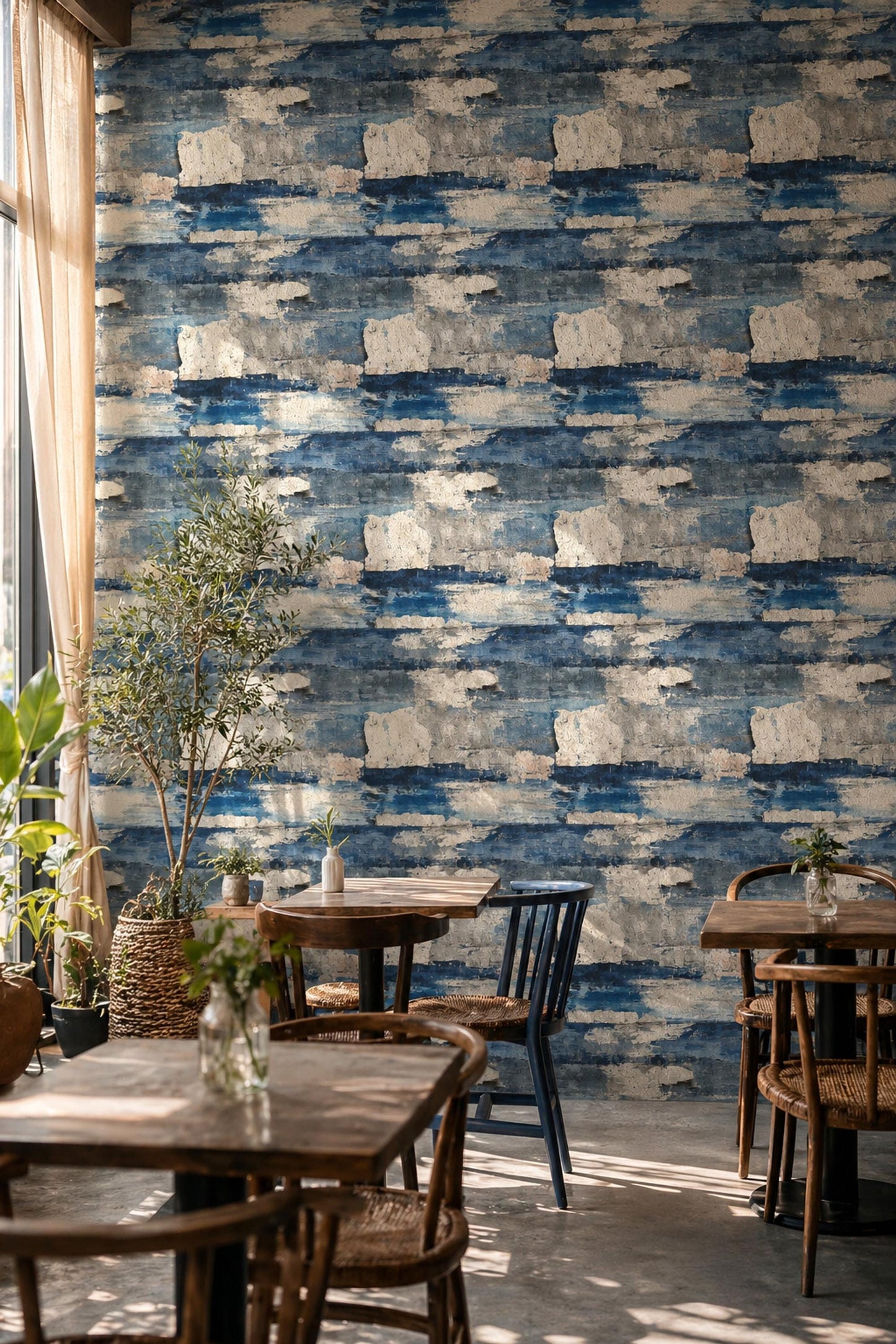 Coastal Abstract Wallpaper Pattern Blue White Textured Brush Modern Beach Style Decor
