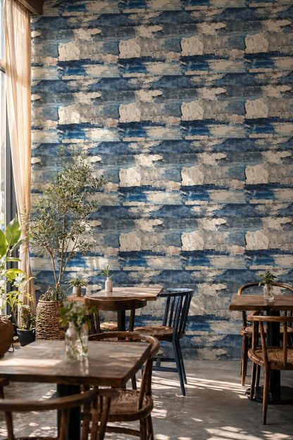 Coastal Abstract Wallpaper Pattern Blue White Textured Brush Modern Beach Style Decor