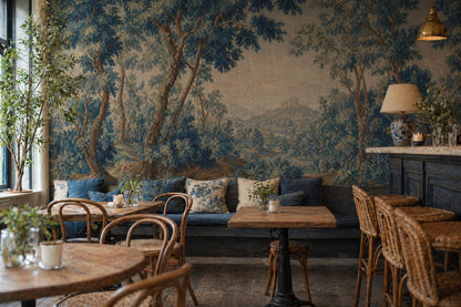 Vintage Forest Landscape Wall Mural Blue Botanical Scenic Wallpaper Classic Nature Art