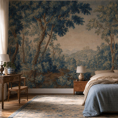 Vintage Forest Landscape Wall Mural Blue Botanical Scenic Wallpaper Classic Nature Art