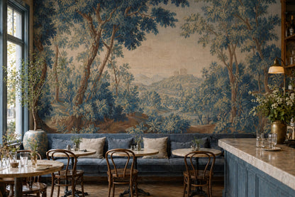 Vintage Forest Landscape Wall Mural Blue Botanical Scenic Wallpaper Classic Nature Art