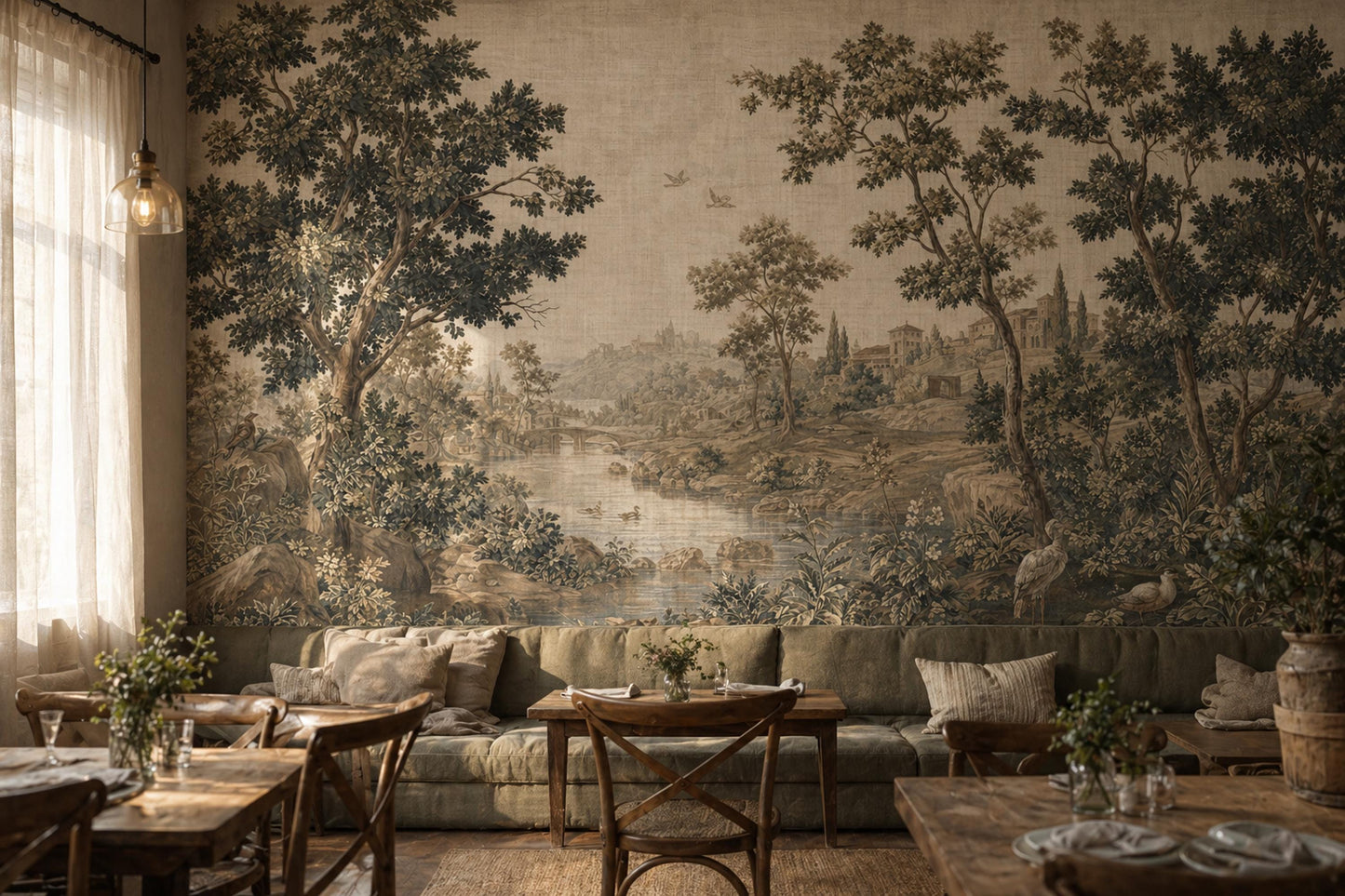 Antique River Landscape Wall Mural Vintage Countryside Scenic Wallpaper Classic Nature Art