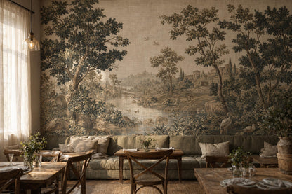 Antique River Landscape Wall Mural Vintage Countryside Scenic Wallpaper Classic Nature Art