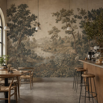 Antique River Landscape Wall Mural Vintage Countryside Scenic Wallpaper Classic Nature Art