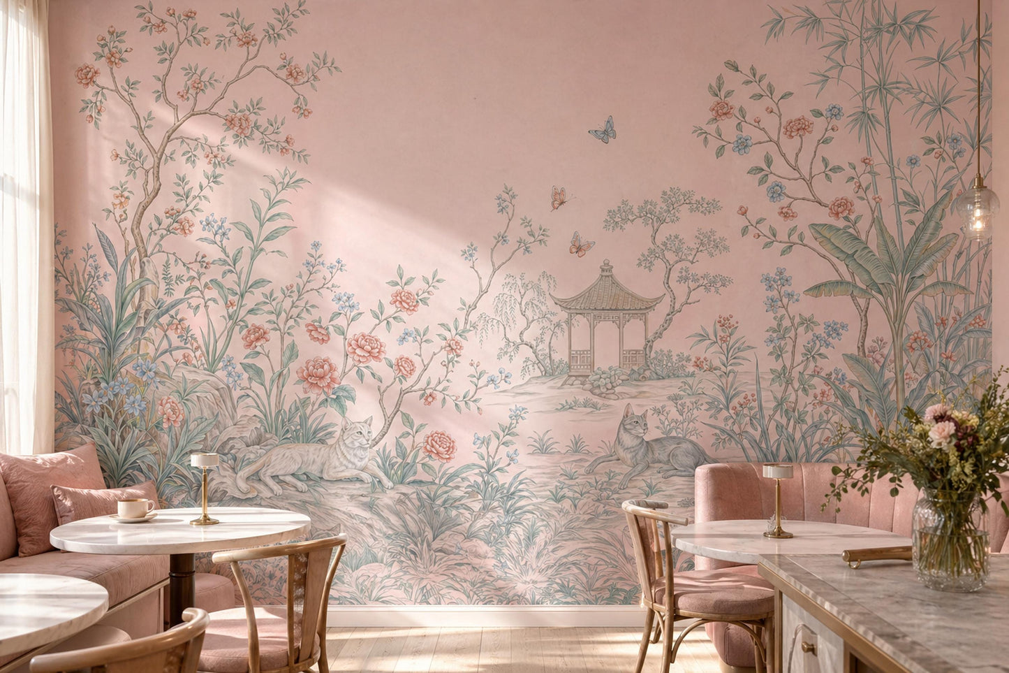 Chinoiserie Garden Wallpaper Pastel Pink Floral Landscape Wall Mural
