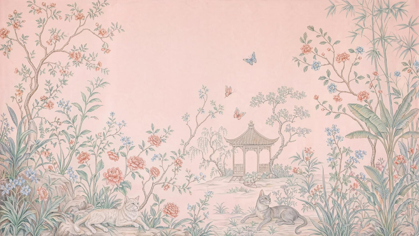 Chinoiserie Garden Wallpaper Pastel Pink Floral Landscape Wall Mural