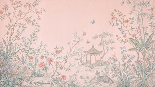 Chinoiserie Garden Wallpaper Pastel Pink Floral Landscape Wall Mural