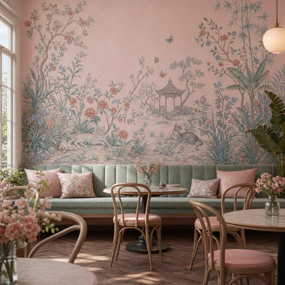 Chinoiserie Garden Wallpaper Pastel Pink Floral Landscape Wall Mural
