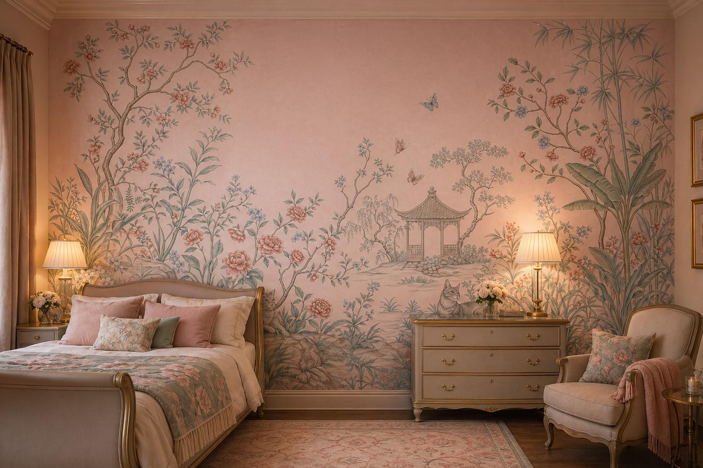Chinoiserie Garden Wallpaper Pastel Pink Floral Landscape Wall Mural