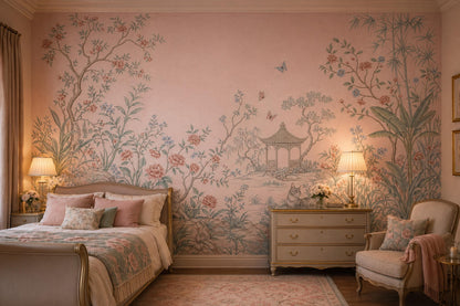 Chinoiserie Garden Wallpaper Pastel Pink Floral Landscape Wall Mural