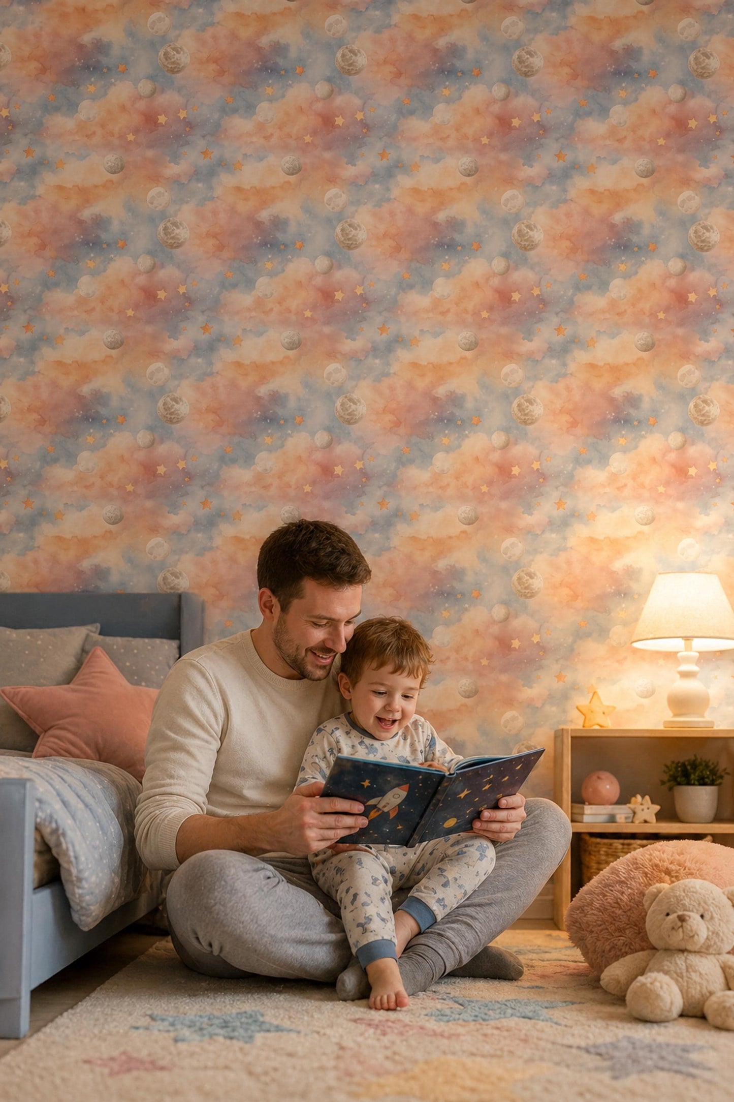 Dreamy Sky Wallpaper Moon Star Pattern Nursery Decor Soft Pastel Kids Room Wall Design
