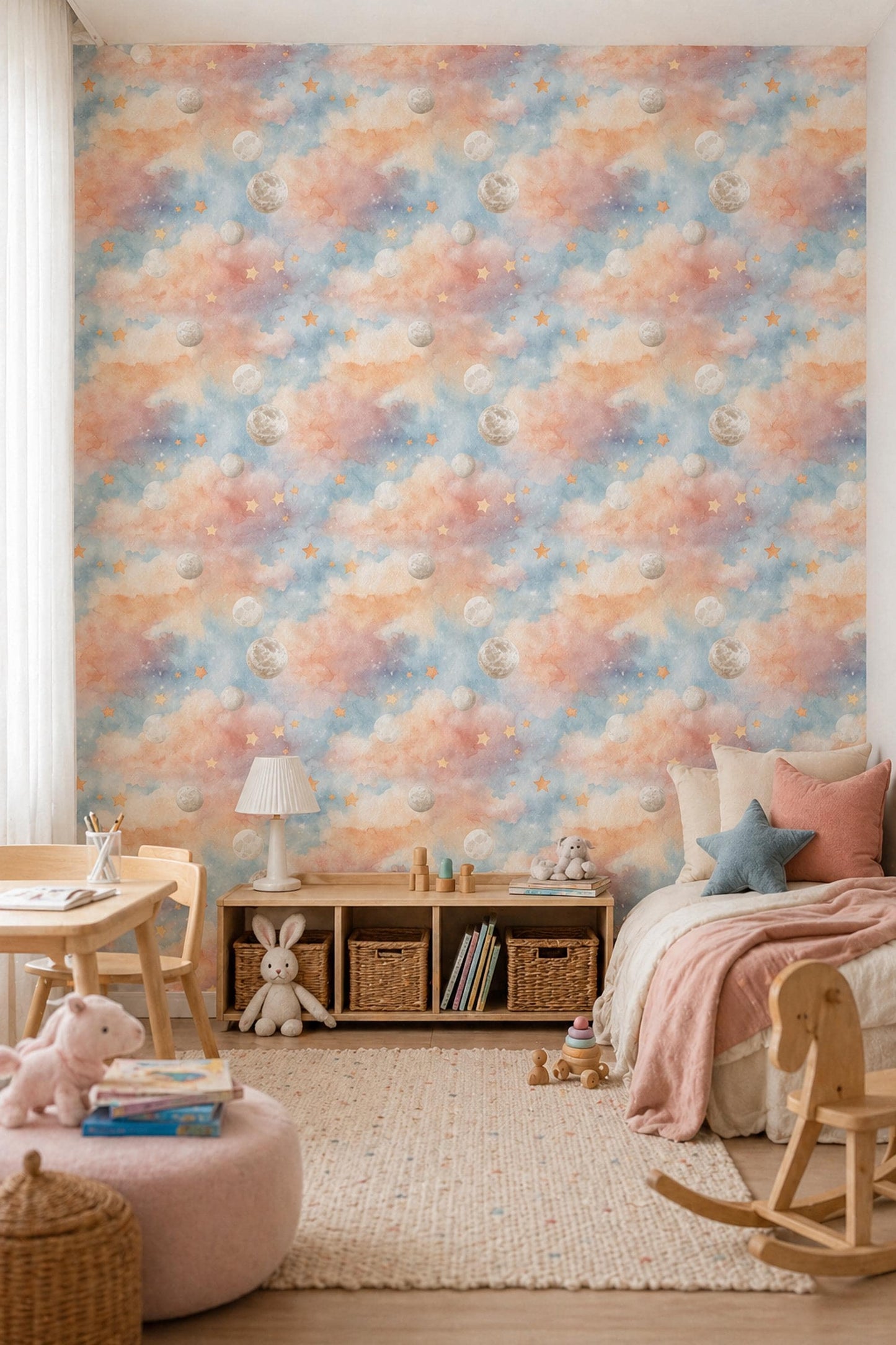 Dreamy Sky Wallpaper Moon Star Pattern Nursery Decor Soft Pastel Kids Room Wall Design
