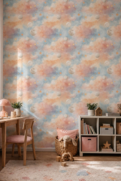 Dreamy Sky Wallpaper Moon Star Pattern Nursery Decor Soft Pastel Kids Room Wall Design