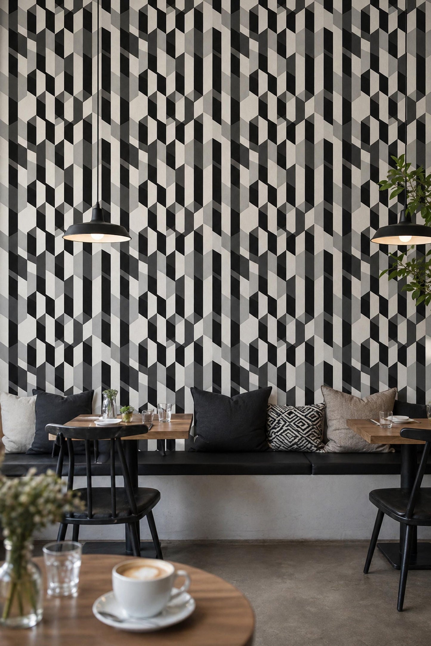 Geometric Wallpaper Modern Pattern Black White Wall Design 3D Cube Abstract Decor