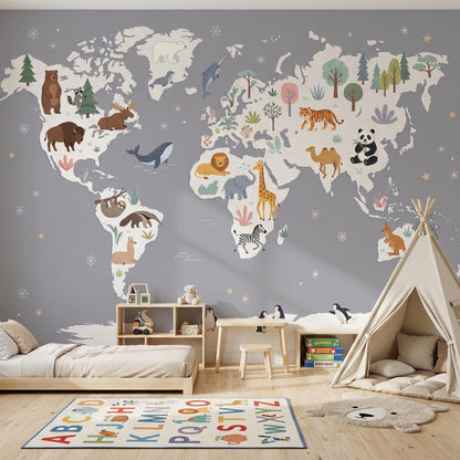 Animal World Map Wall Mural Safari Wildlife Geography Decor Playroom Classroom Wall Art