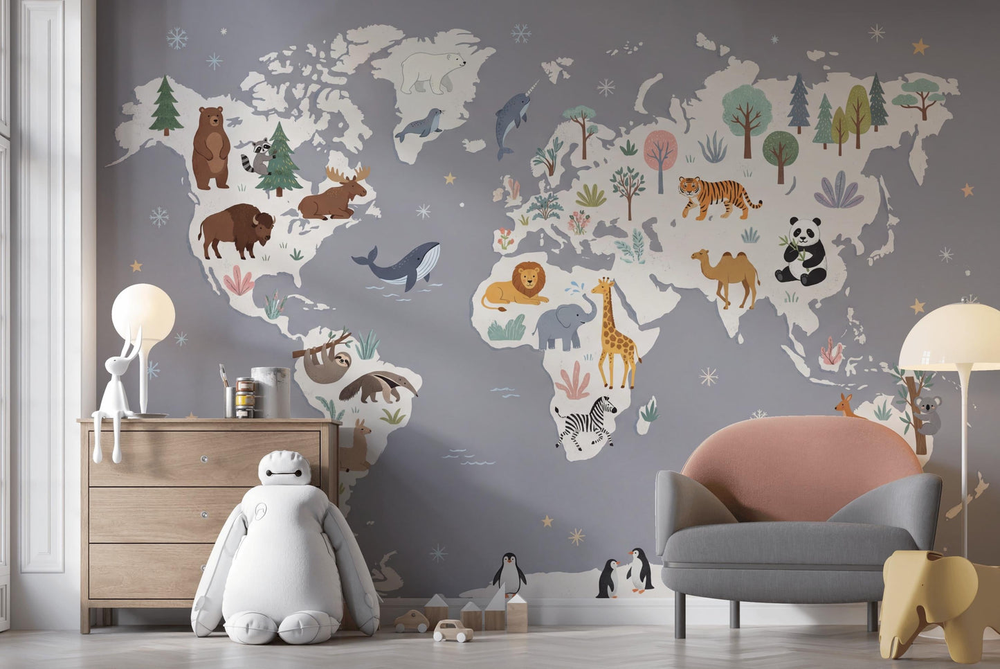 Animal World Map Wall Mural Safari Wildlife Geography Decor Playroom Classroom Wall Art