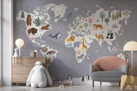 Animal World Map Wall Mural Safari Wildlife Geography Decor Playroom Classroom Wall Art