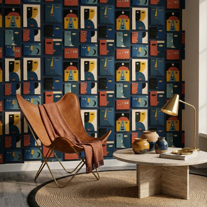 Abstract Faces Wallpaper Modern Art Pattern Cubist Portrait Seamless Repeat Wall Decor