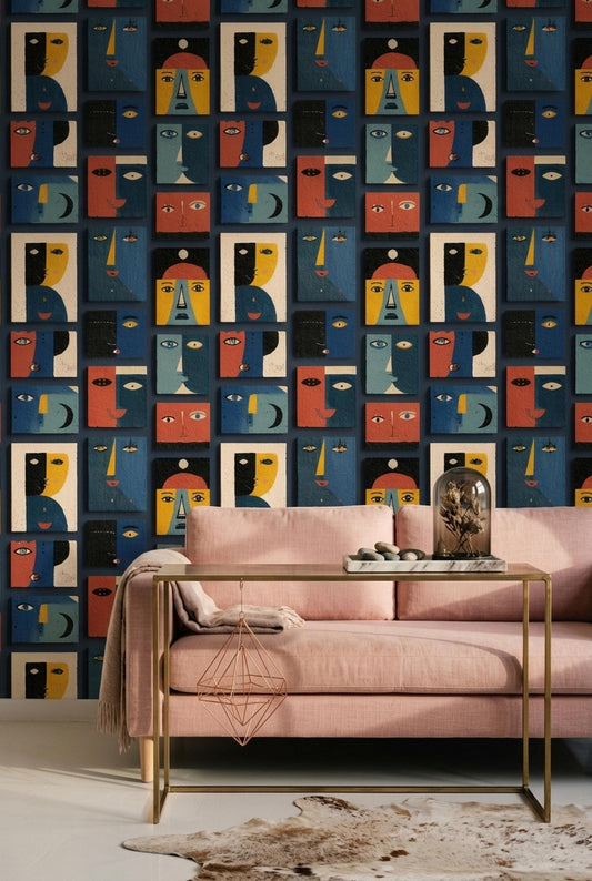 Abstract Faces Wallpaper Modern Art Pattern Cubist Portrait Seamless Repeat Wall Decor