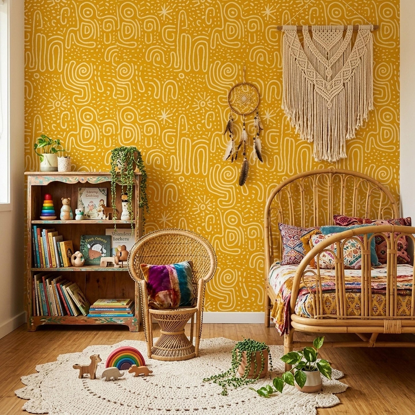 Mustard Abstract Line Wallpaper Boho Tribal Pattern Seamless Repeat Modern Wall Decor
