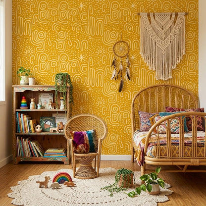 Mustard Abstract Line Wallpaper Boho Tribal Pattern Seamless Repeat Modern Wall Decor