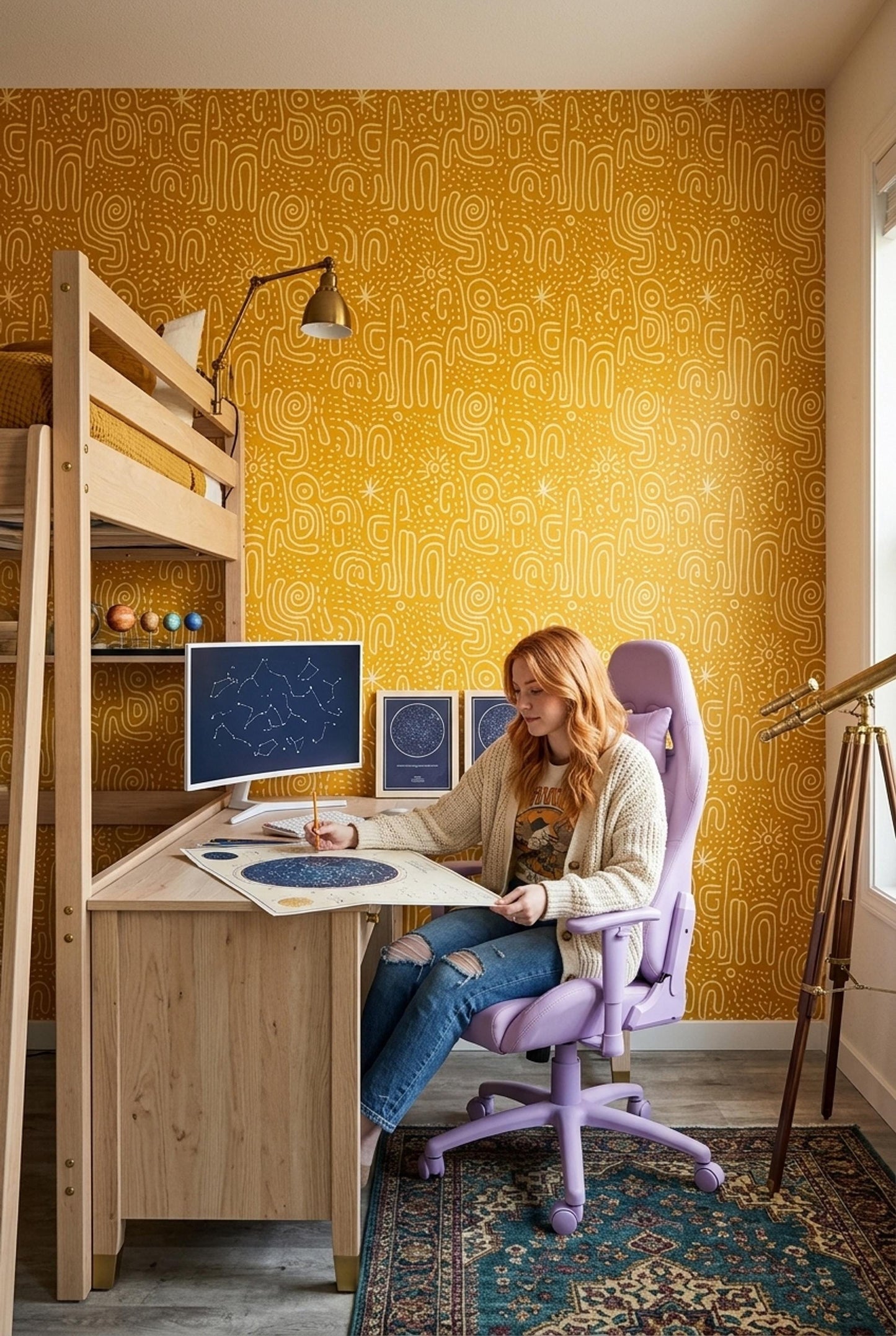 Mustard Abstract Line Wallpaper Boho Tribal Pattern Seamless Repeat Modern Wall Decor