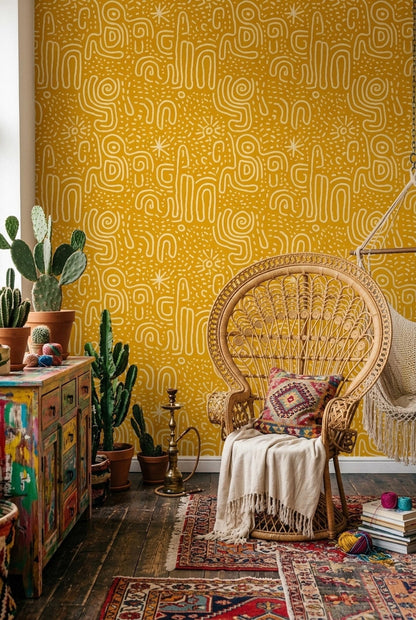 Mustard Abstract Line Wallpaper Boho Tribal Pattern Seamless Repeat Modern Wall Decor