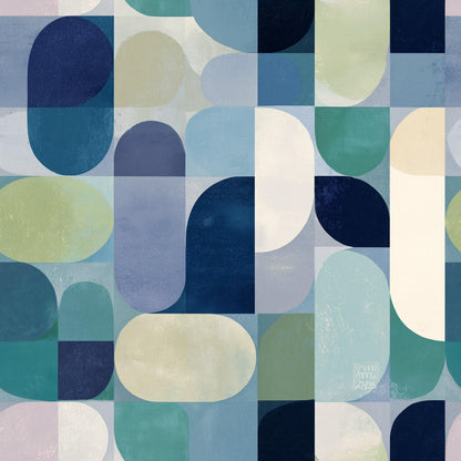 Mid Century Geometric Wallpaper Retro Pattern Blue Green Modern Abstract Wall Decor