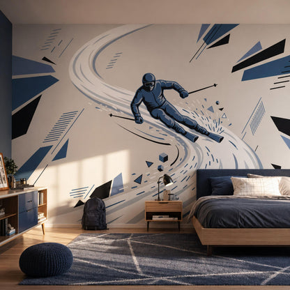 Ski Wall Mural Blue Sports Wallpaper Teen Room Decor Snowboarding Bedroom Wall Art