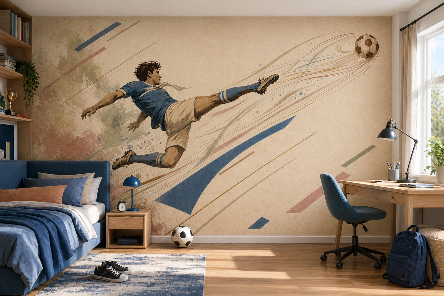 Soccer Kick Wall Mural Football Athlete Decor Boys Room Sports Bedroom Statement Art