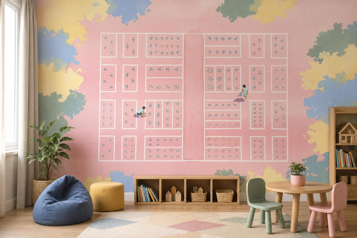 Watercolor Texture Wallpaper Pastel Garden Plan Minimal Plot Map Wall Mural