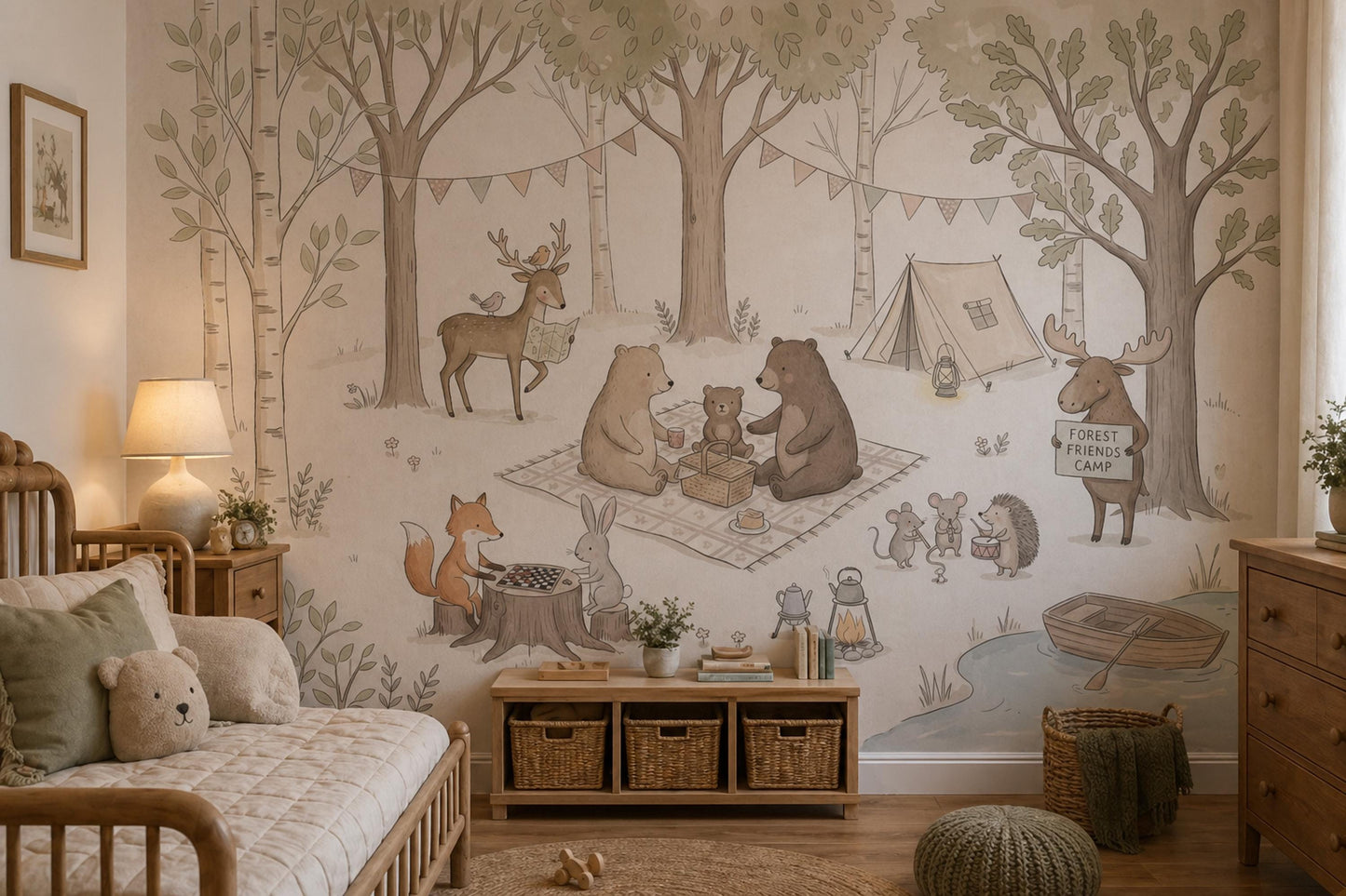 Woodland Camping Wallpaper Forest Animals Nursery Illustration Wall Mural