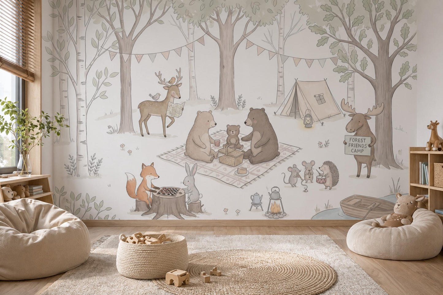 Woodland Camping Wallpaper Forest Animals Nursery Illustration Wall Mural