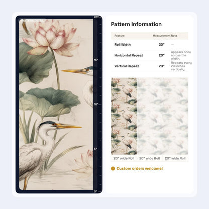 Crane Lotus Wallpaper Asian Inspired Bird Pattern Japandi Wall Decor Serene Nature Repeat Wallpaper