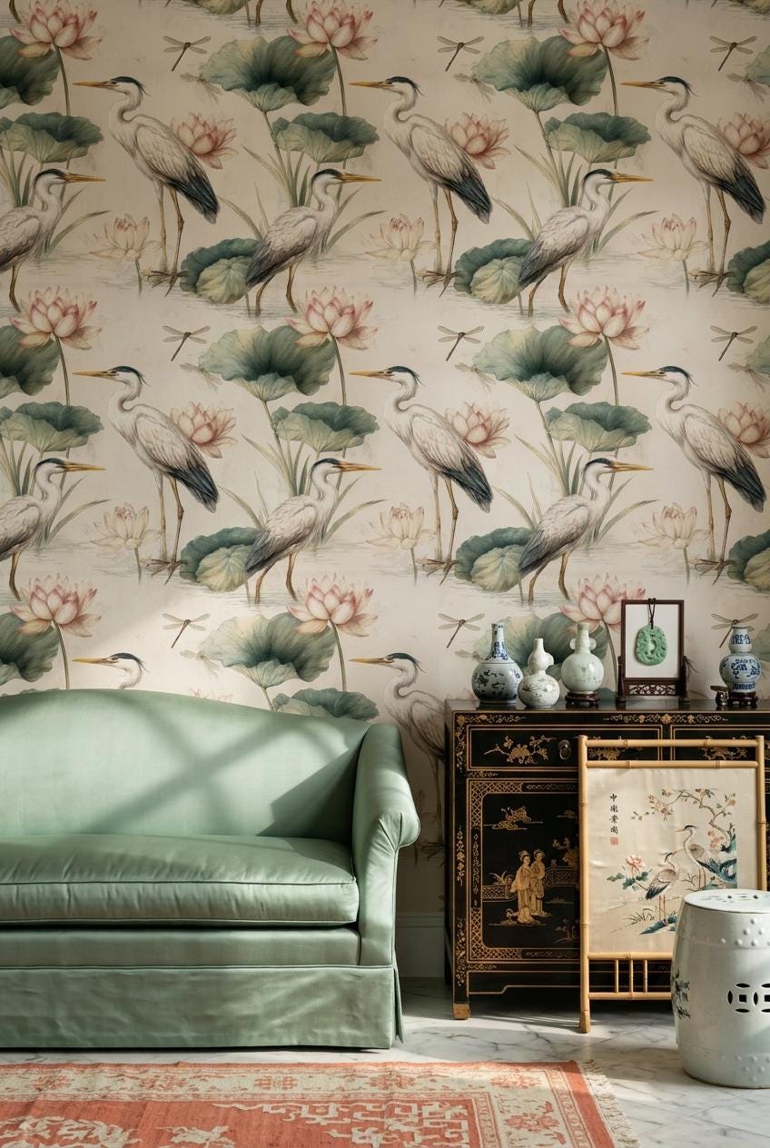 Crane Lotus Wallpaper Asian Inspired Bird Pattern Japandi Wall Decor Serene Nature Repeat Wallpaper
