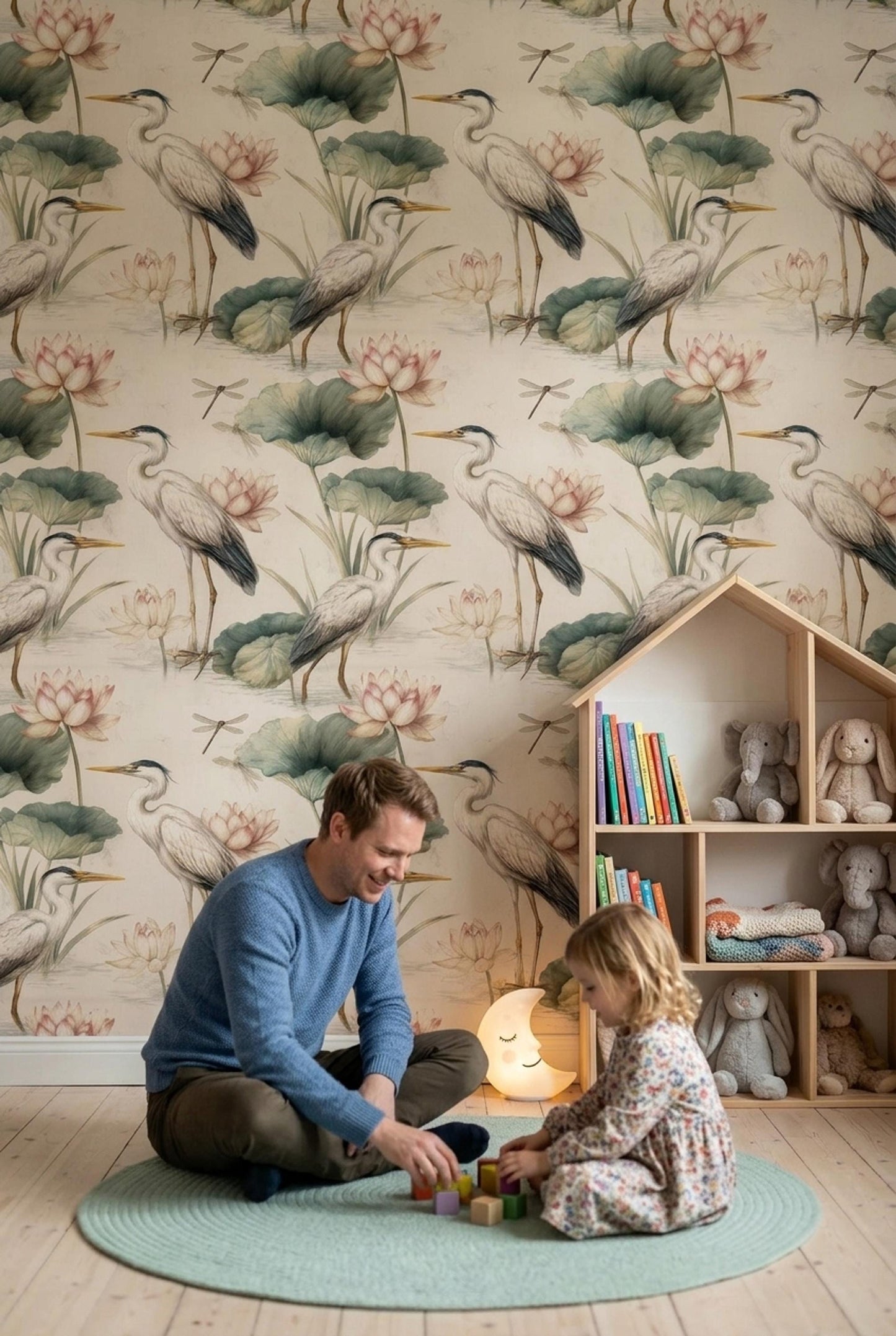 Crane Lotus Wallpaper Asian Inspired Bird Pattern Japandi Wall Decor Serene Nature Repeat Wallpaper