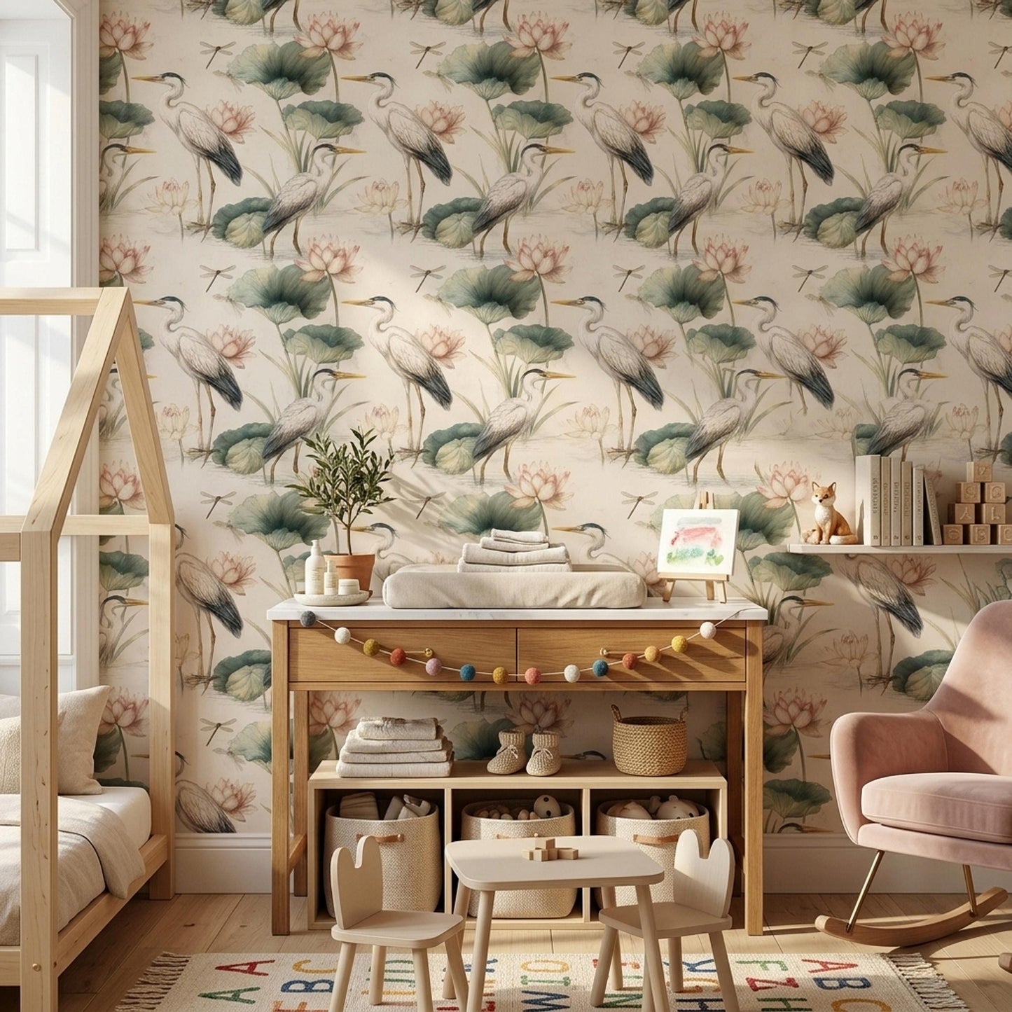 Crane Lotus Wallpaper Asian Inspired Bird Pattern Japandi Wall Decor Serene Nature Repeat Wallpaper