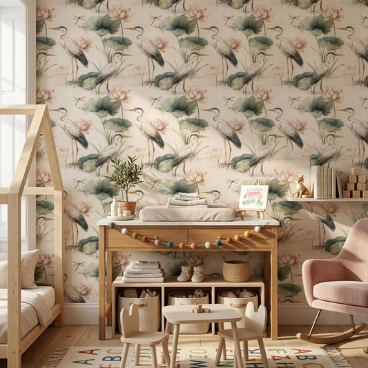 Crane Lotus Wallpaper Asian Inspired Bird Pattern Japandi Wall Decor Serene Nature Repeat Wallpaper