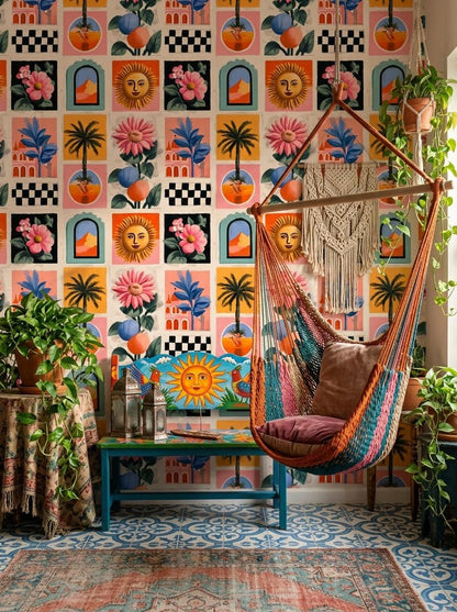 Retro Tile Wallpaper Mediterranean Pattern Eclectic Art Print Colorful Modern Wall Decor Repeat