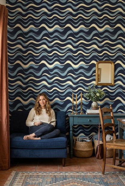 Navy Wave Wallpaper Modern Coastal Pattern Abstract Ocean Lines Minimal Wall Decor Repeat