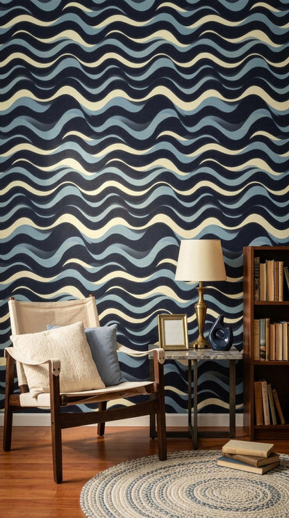 Navy Wave Wallpaper Modern Coastal Pattern Abstract Ocean Lines Minimal Wall Decor Repeat