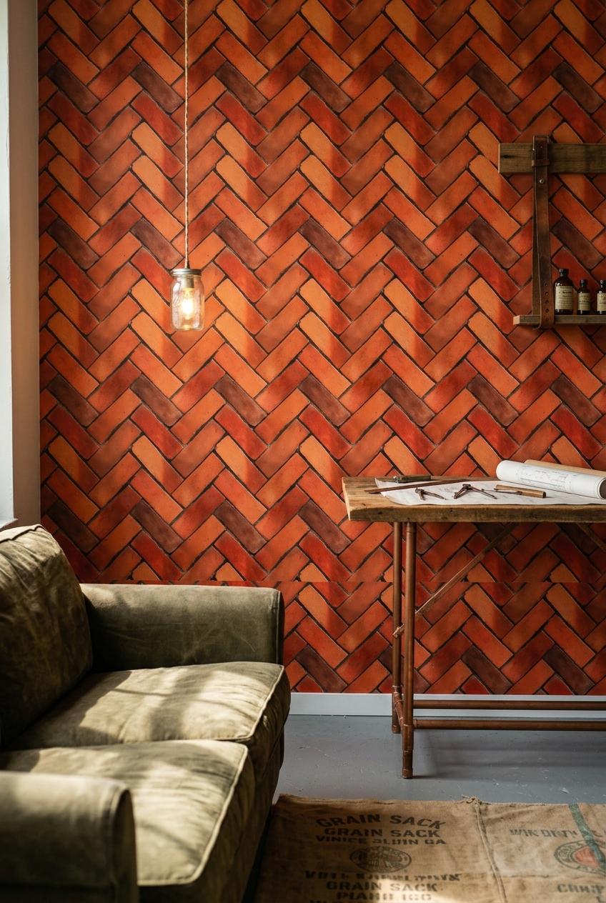 Brick Wallpaper Rustic Industrial Wall Design Herringbone Pattern Red Brick Effect Decor