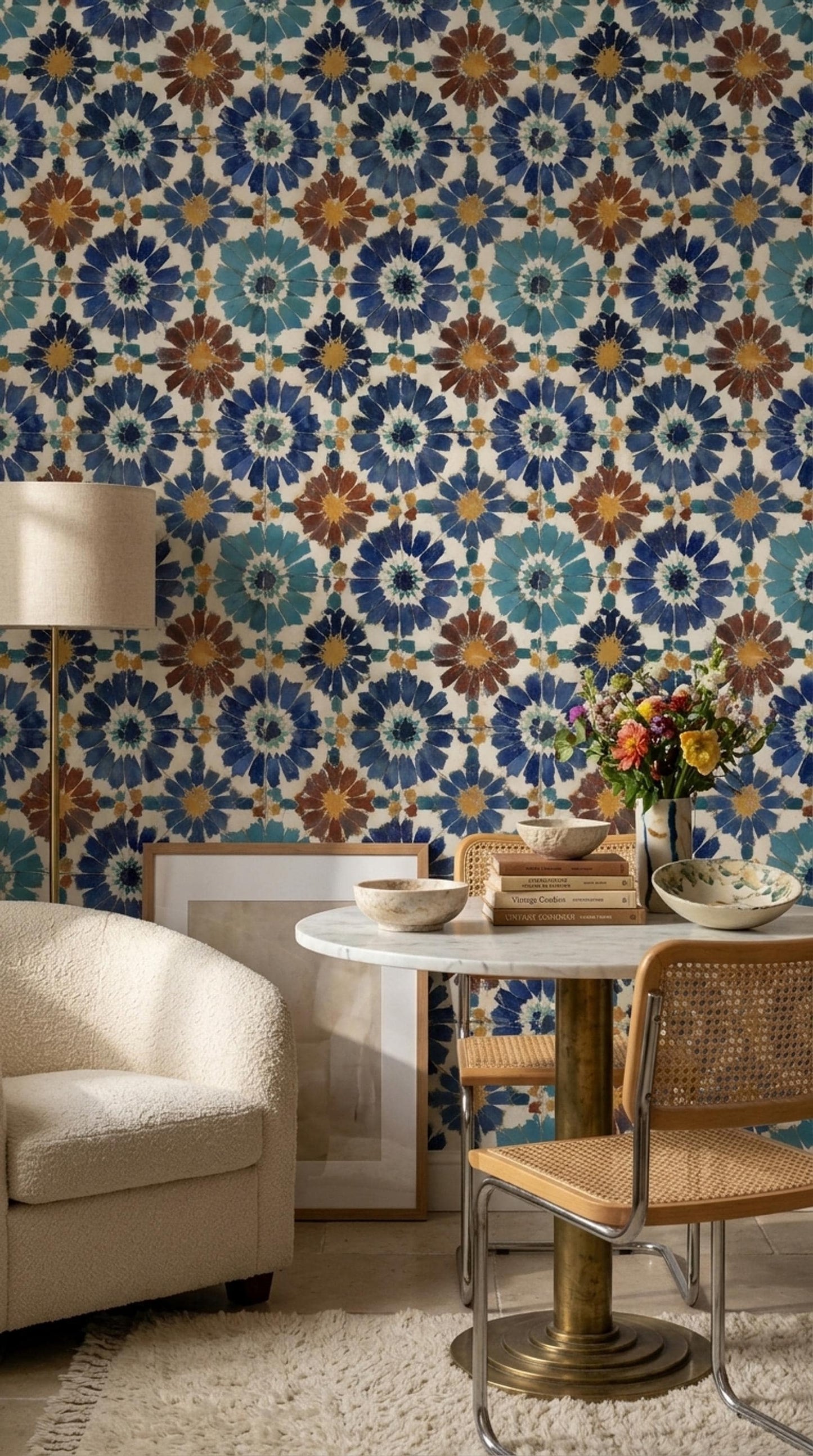Moroccan Tile Wallpaper Blue Pattern Mediterranean Wall Decor Boho Mosaic Design