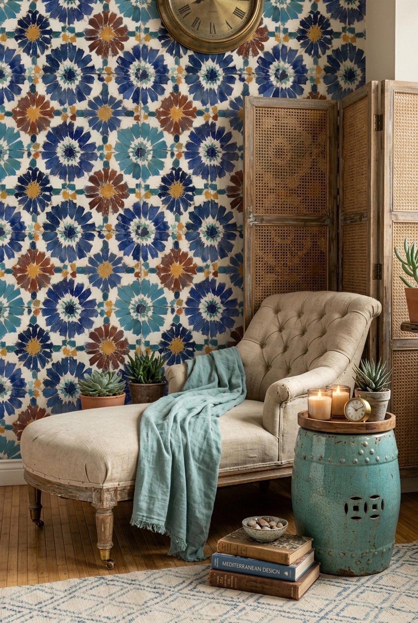 Moroccan Tile Wallpaper Blue Pattern Mediterranean Wall Decor Boho Mosaic Design