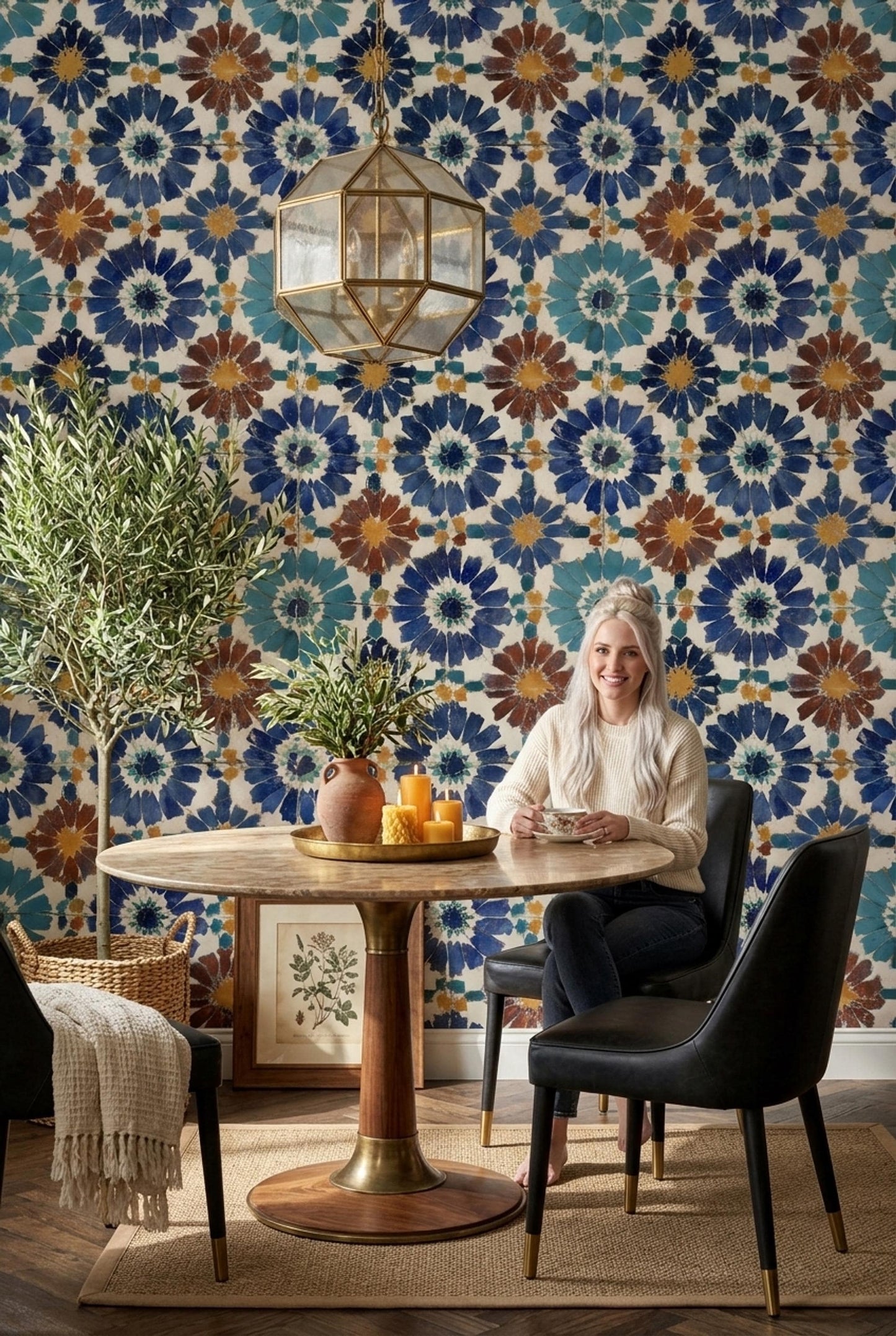 Moroccan Tile Wallpaper Blue Pattern Mediterranean Wall Decor Boho Mosaic Design