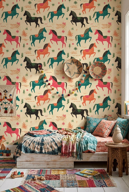 Kids Nursery Horse Wallpaper Folk Art Animal Pattern Removable Wall Decor