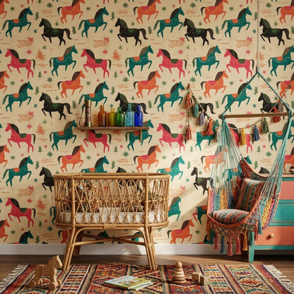 Kids Nursery Horse Wallpaper Folk Art Animal Pattern Removable Wall Decor