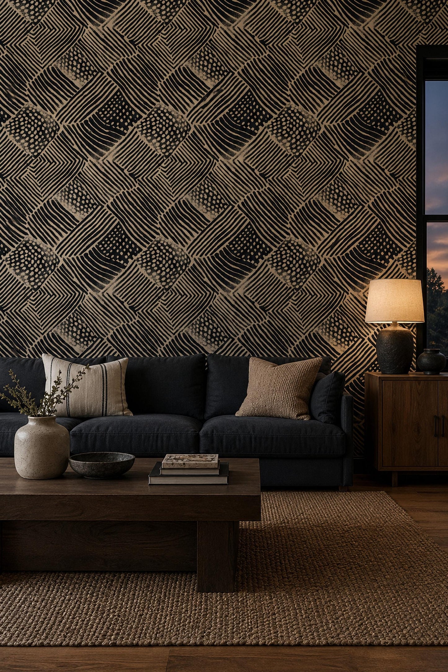 Primitive Linework Wallpaper Black Beige Geometric Block Print Wall Pattern