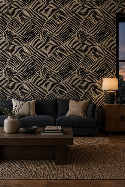 Primitive Linework Wallpaper Black Beige Geometric Block Print Wall Pattern